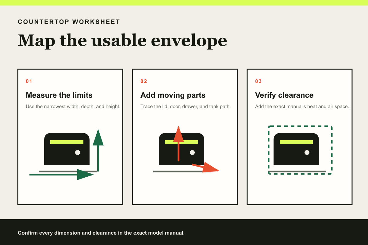 Three-panel countertop measurement diagram covering the narrowest dimensions, moving-part paths, and model-specific clearance.
