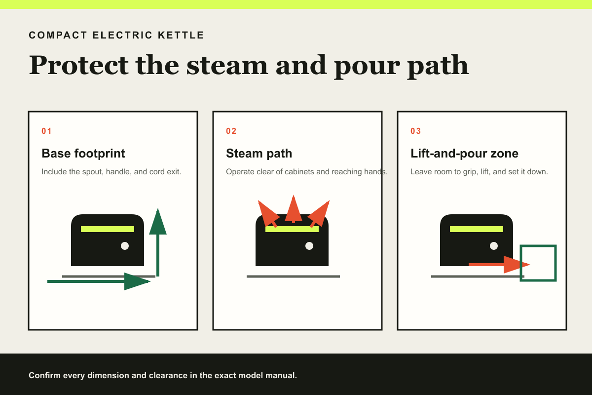 Three-panel electric kettle fit diagram showing the base footprint, steam path, and lift-and-pour zone.