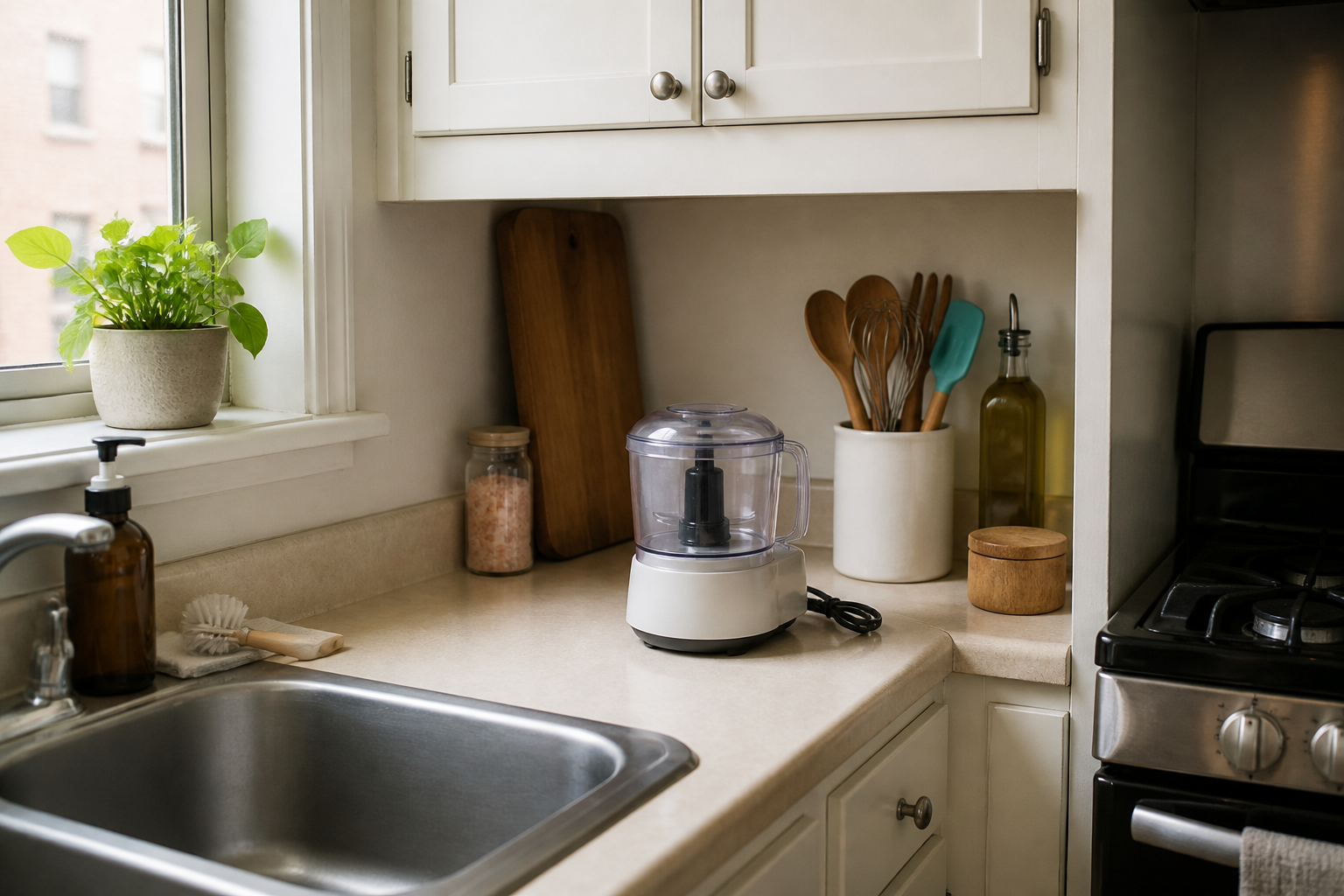 AI-generated editorial illustration of a small kitchen counter, cabinet opening, outlet, and hand-access zones for a compact food chopper; no exact product is depicted.