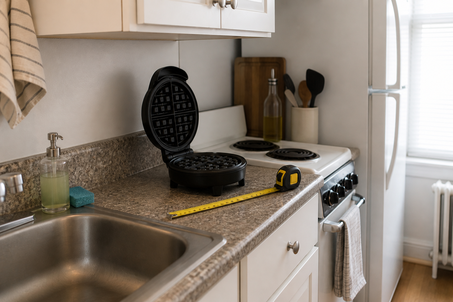 AI-generated editorial illustration of a narrow kitchen counter with a compact waffle-making setup, measuring zones, and an open-lid access area; no exact product is depicted.