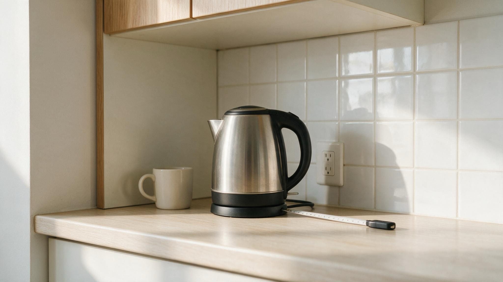 AI-generated editorial image of a generic cordless kettle, mug, outlet, overhead cabinet, and measuring tape on a narrow kitchen counter; no exact product is depicted.