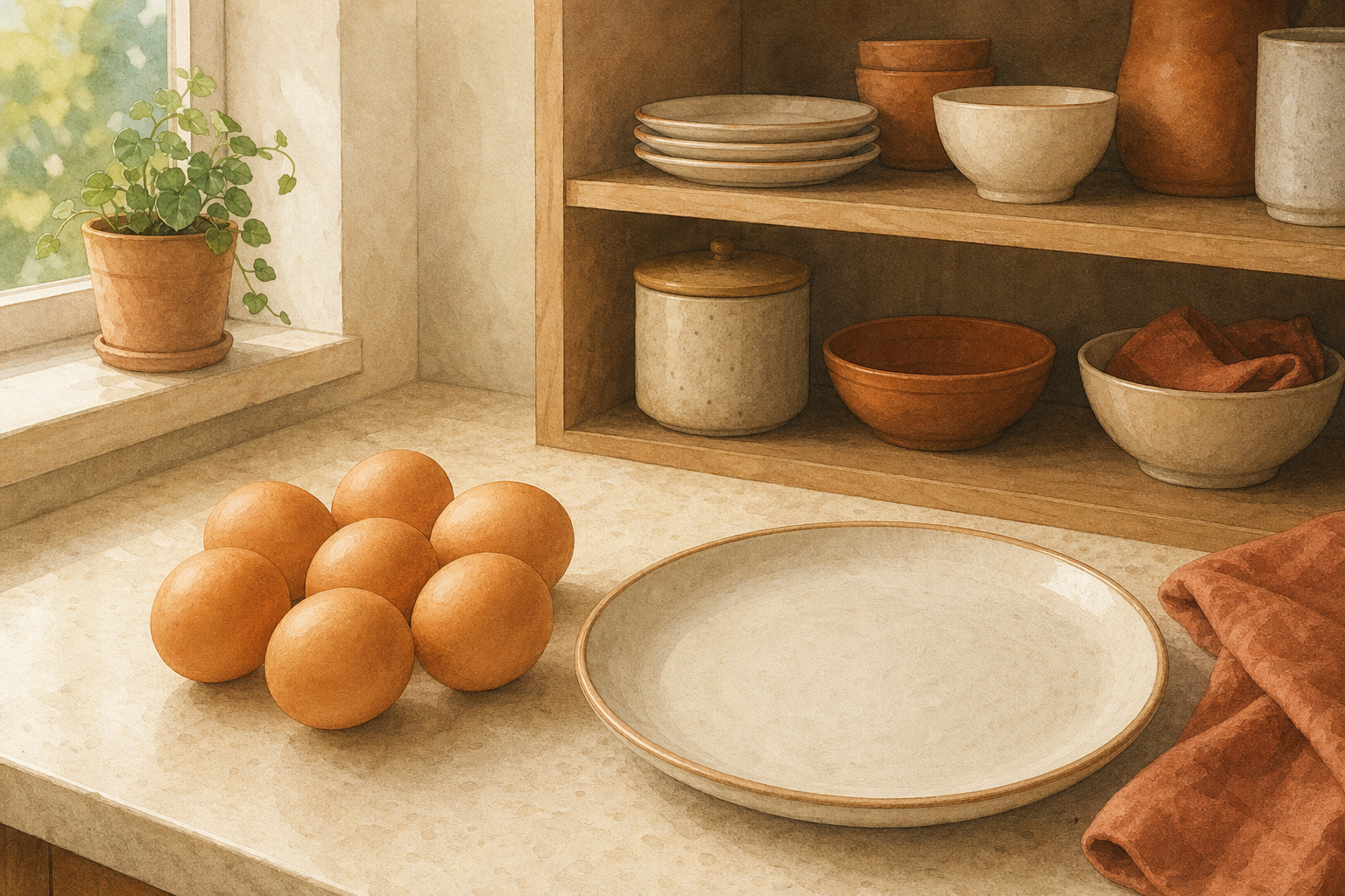 Original illustration of eggs, a serving plate and a small kitchen preparation area with an open storage shelf.