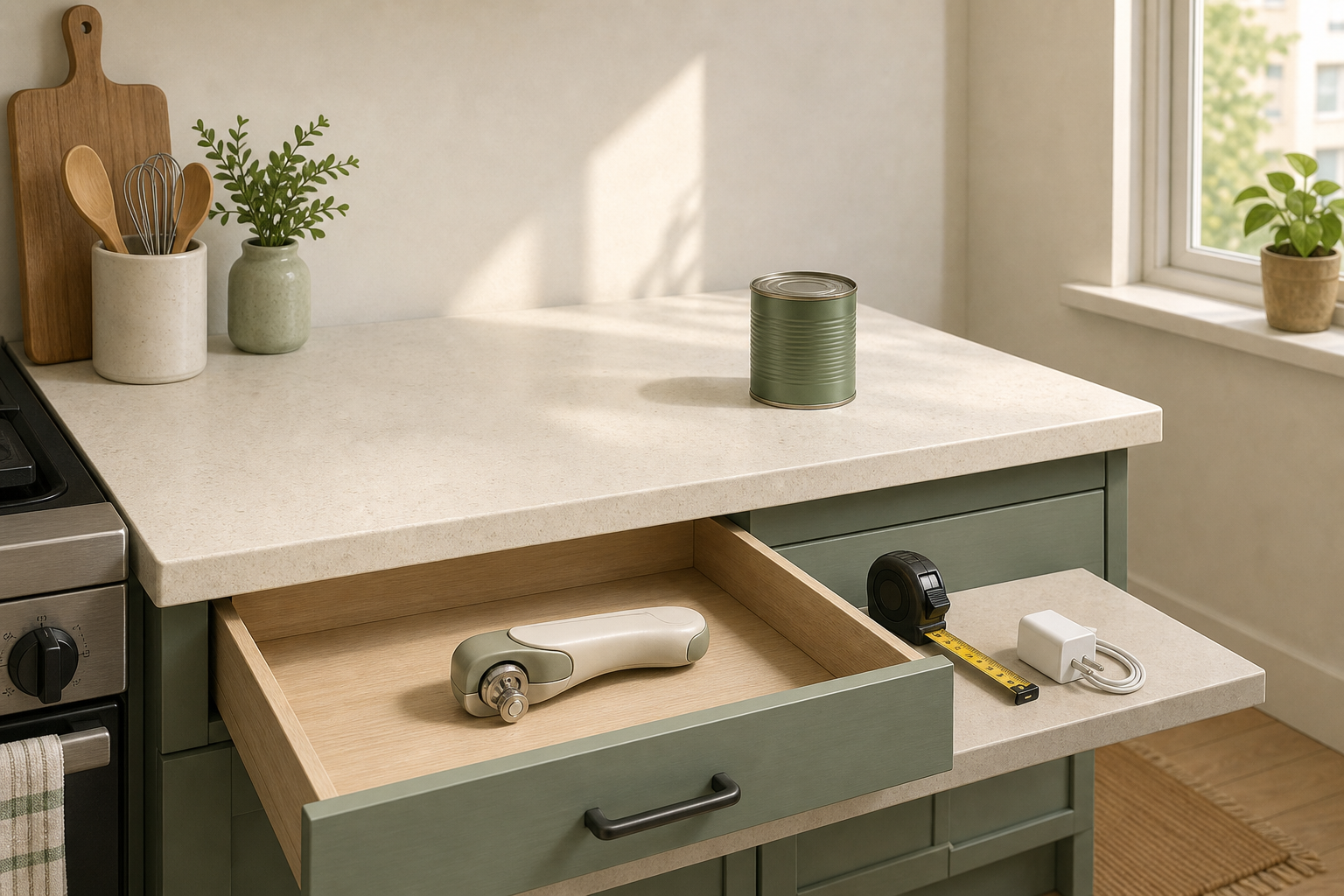 An original kitchen illustration shows a generic can opener stored in a drawer, with clear counter space above.