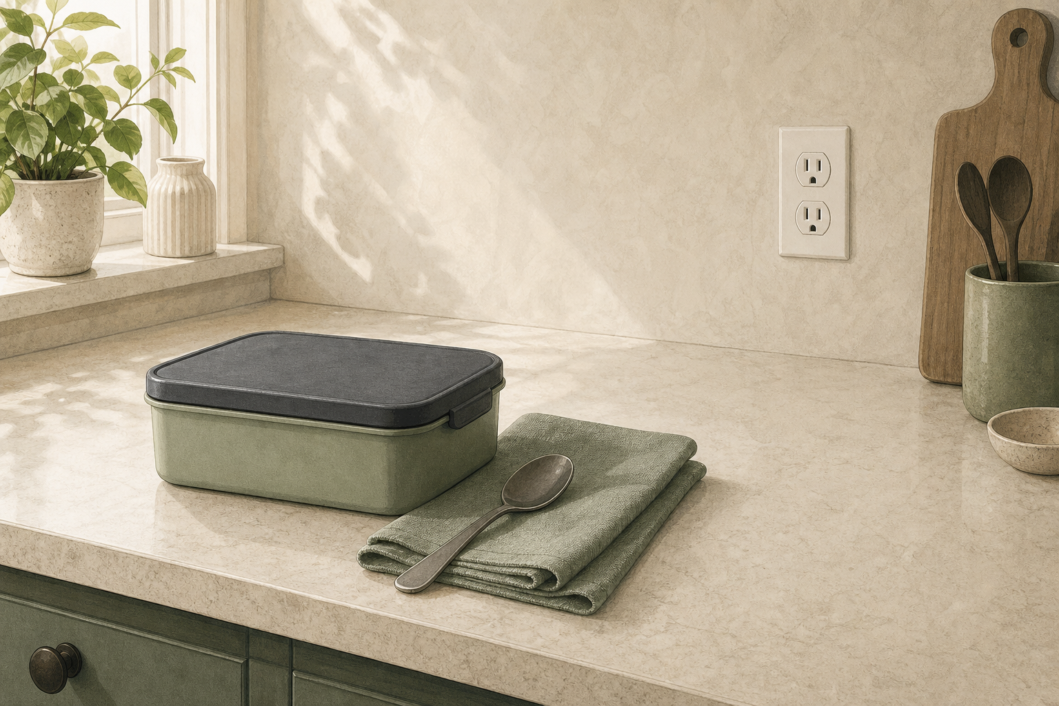 Closed non-electric lunch container with a spoon beside a wall outlet and open counter space.