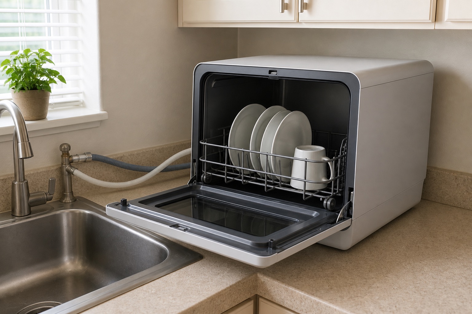 Illustrative unbranded compact countertop dishwasher beside a kitchen sink with its door open, dishes loaded, and two hoses routed toward the faucet.