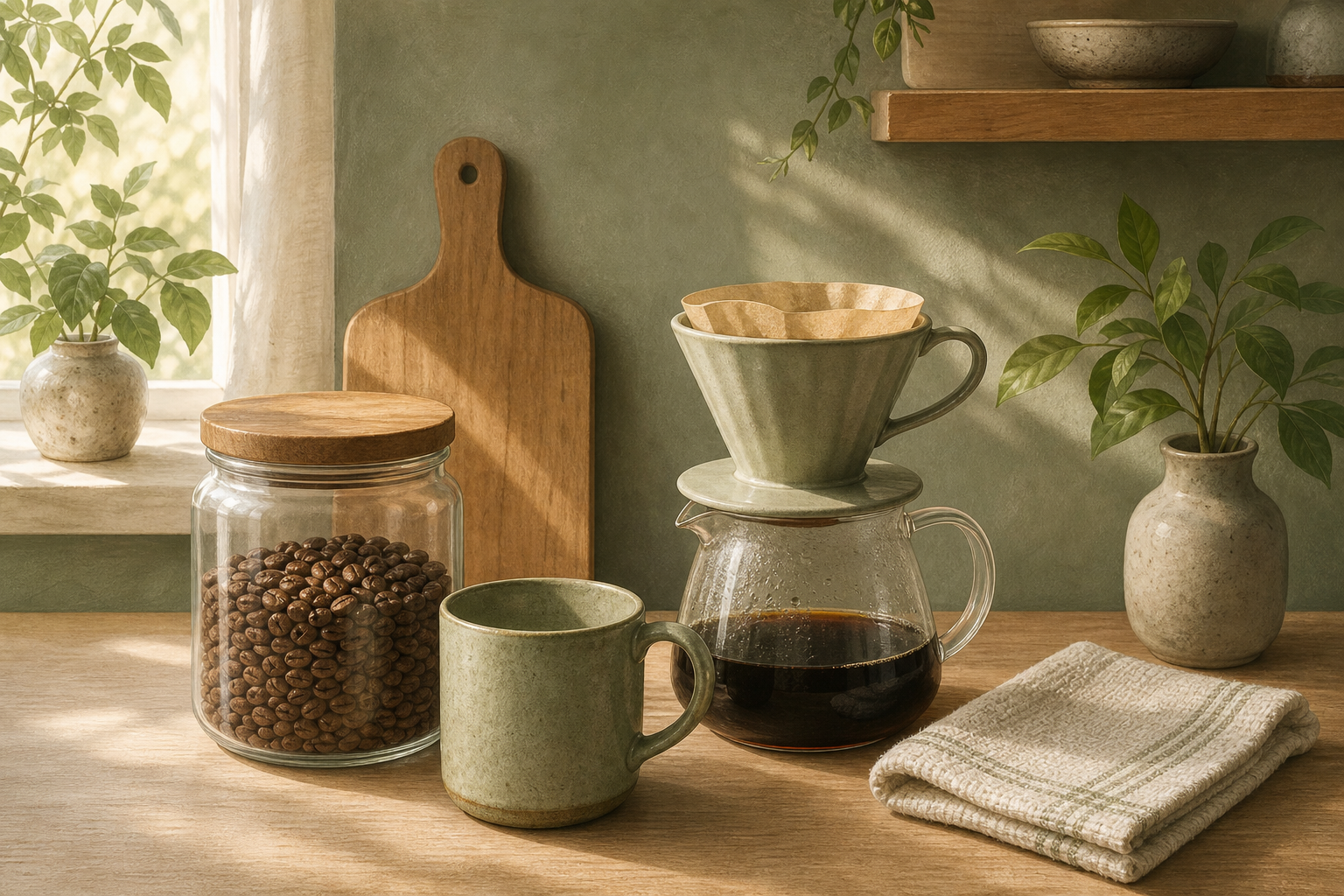 Editorial illustration of whole coffee beans, a mug, a dripper and a drying towel.