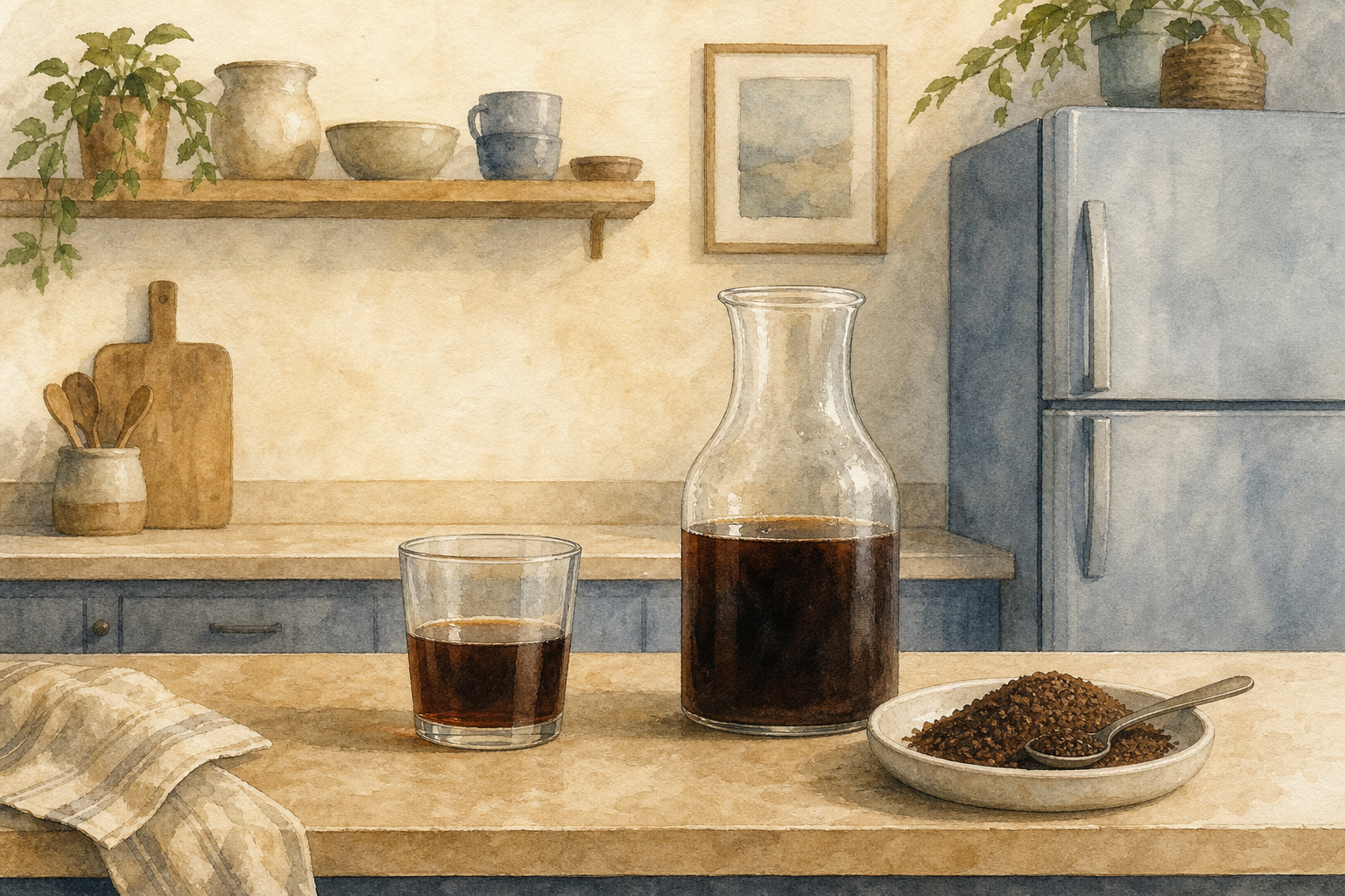 Original illustration of a small cold-brew preparation area with a glass carafe and room reserved for the next batch.