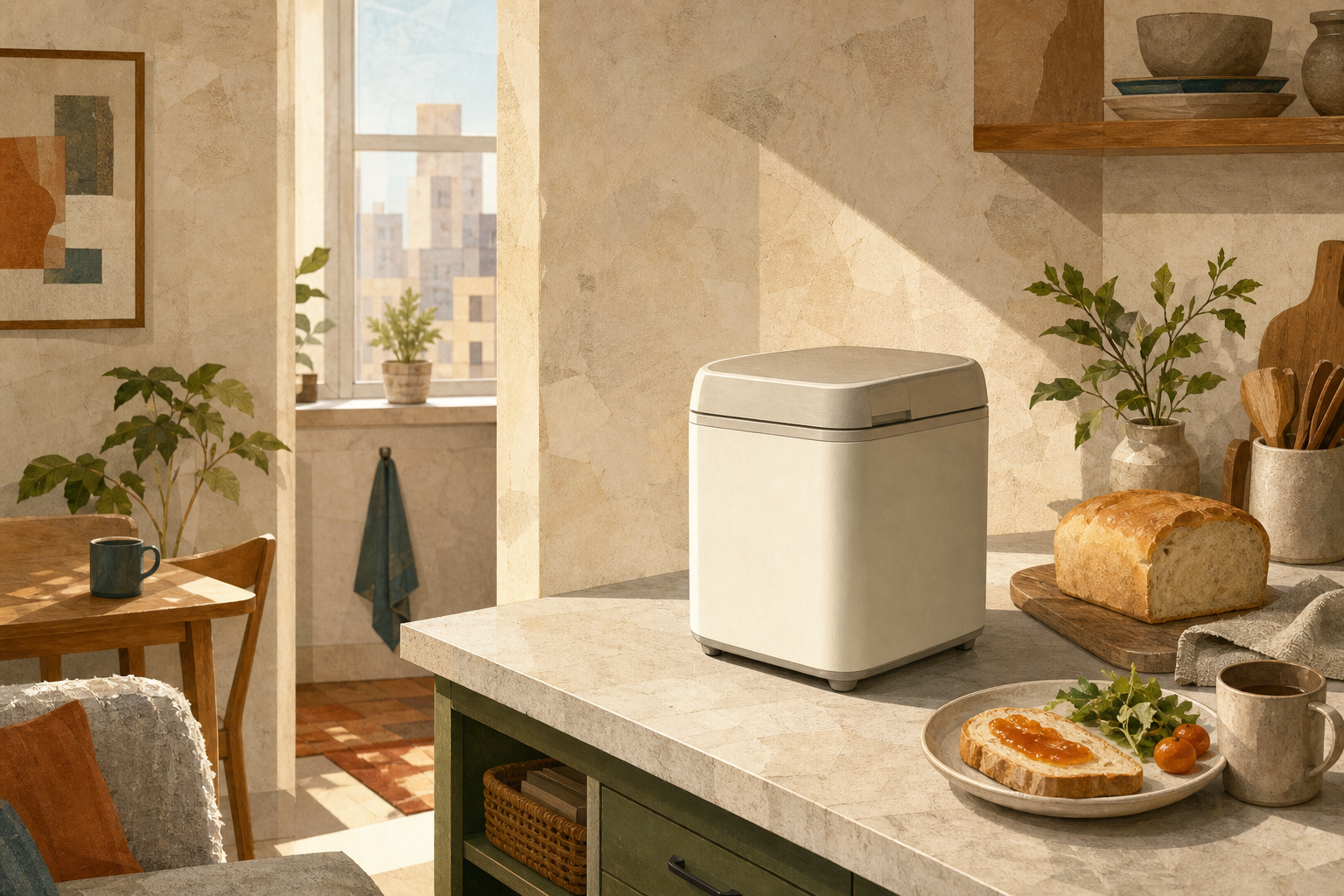 Illustrated bread maker on an open apartment kitchen counter beside a small loaf and ingredients.