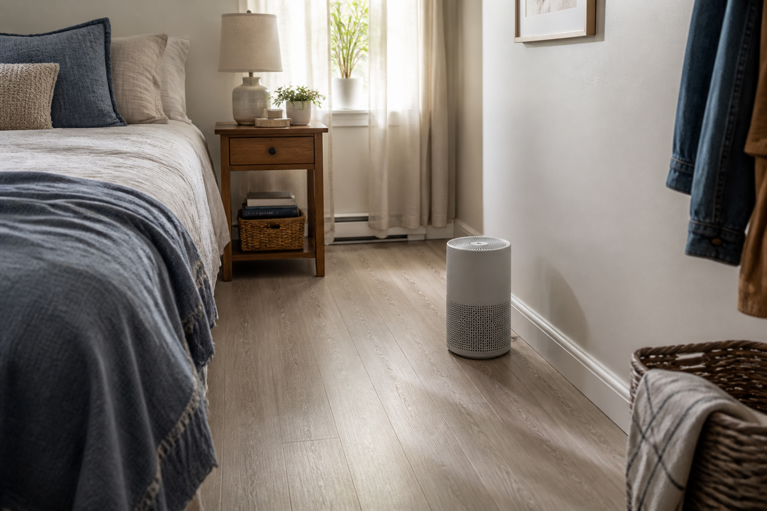 AI-generated editorial illustration of a compact apartment bedroom showing a purifier placement zone around furniture without depicting a specific model.